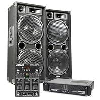 Complete PA sound system for DJ setup: dual 12" passive speakers with 1400W output each, Vonyx amplifier, versatile Bluetooth DJ mixer, plus all cables for plug-and-play events. Deliver powerful, clear sound at every event thanks to the pair of passi...