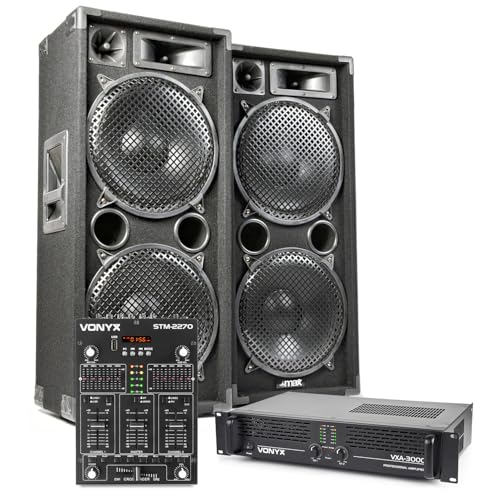 MAX MAX212 Dual 12 Passive DJ PA Speaker Kit with Amplifier & Bluetooth DJ Mixer – Complete 2800W PA Sound System for Home, Bedroom or Mobile DJ Setup, Inc Cables