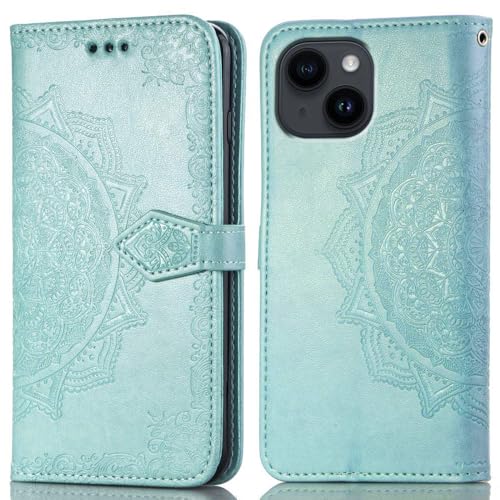 Image of ClickCase Queen Series for iPhone 15 Plus Leather Flower Embossing Wallet Flip case Magnetic Closure Flip Cover for iPhone 15 Plus (Sea Green)