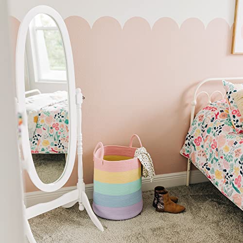 Image of OrganiHaus Rainbow Laundry Basket & Hamper, Nursery Playroom 52L | Rainbow Pastel - Rainbow Cotton Rope Hamper, Nursery 52L