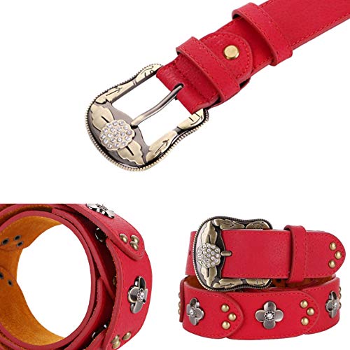 Cb Women's Vintage Western Design Genuine Cowhide Leather Flower Studded Belt With Rhinestone Sculpture Alloy Buckle, Red #TOP4