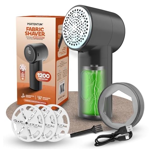 PORTENTUM Quitapelusas Electrico – Pantalla LED, 3 Velocidades hasta 9.000 RPM, Cuchilla 6 Hojas, hasta 2h de Autonomía, Quita Pelusas Ropa y Tejidos del Hogar USB C Recargable, Compacto y Potente
