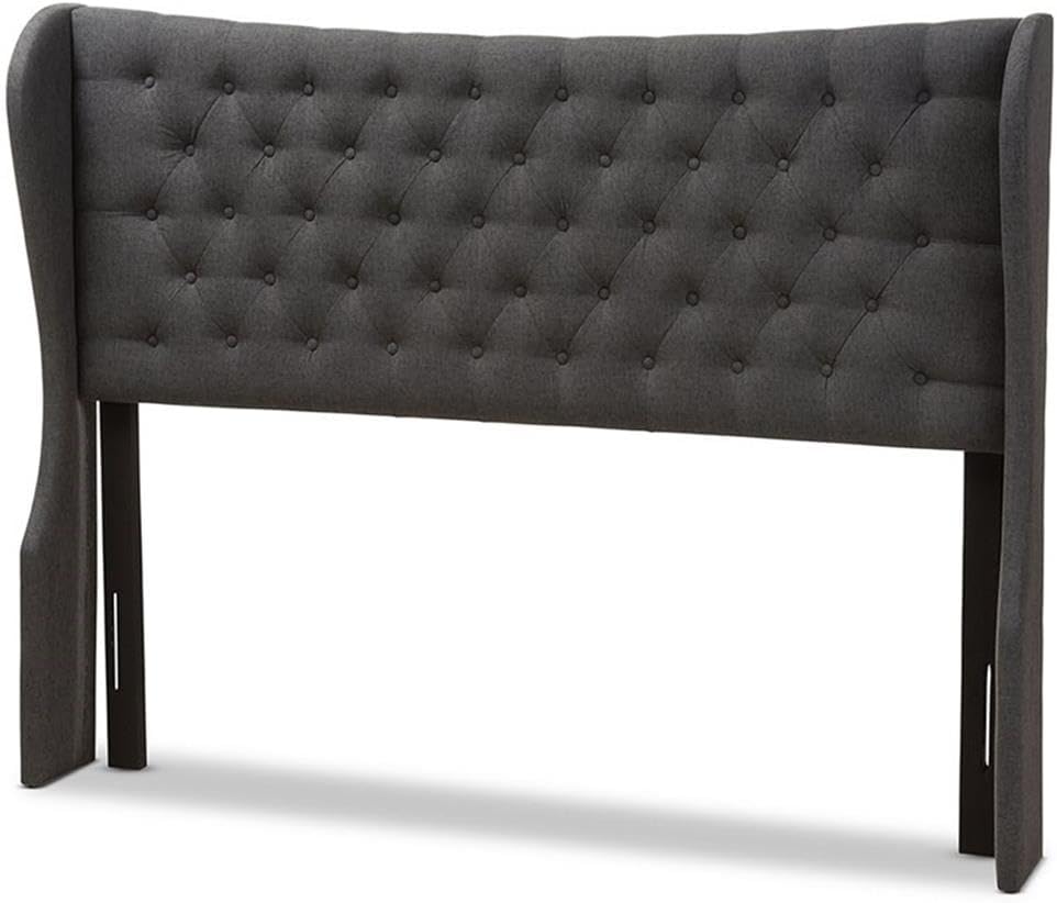 BOWERY HILL King Winged Panel Headboard, Dark Gray Polyester Upholstery, Solid Rubber Wood Frame, Foam Padding, Button-Tufted Design, Wingback Style, Silver Nail Trim, Bedroom Furniture