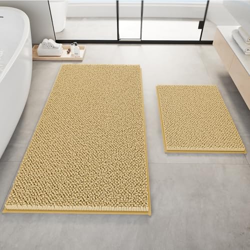 Image of RUN HELIX Beige Bathroom Rugs Ultra Soft Rugs and Mats Set 3 Pieces Bath Rug Set Thick Chenille Bath Rugs Non Slip Bath Mats for Bedroom