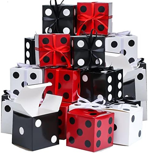 Kisston Bulk 100 Pcs Dice Favor Boxes Casino Party Dice Favor Box Casino Party Decorations 4 x 4 x 4 Inch 3D Dice Box Decor Dice Gift Wrap Boxes with Ribbon for Party Supplies Black Red White