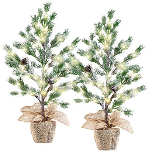 Britesta Nadelbaum: 2er-Set Deko-Nadelbäumchen im Topf, mit 24 LEDs, Kunstschnee, 70 cm (Weihnachtsdekoration Flur, Deko LED Bäumchen, Weihnachtsbaumbeleuchtung kabellos)
