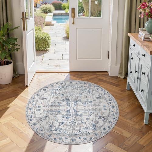 jinchan Lima Round Rug 4ft Vintage Machine Washable Area Rug Indoor Circle 4' Ultra-Thin Non-Slip Floral Print Carpet for Farmhouse Entryway Dining Ro