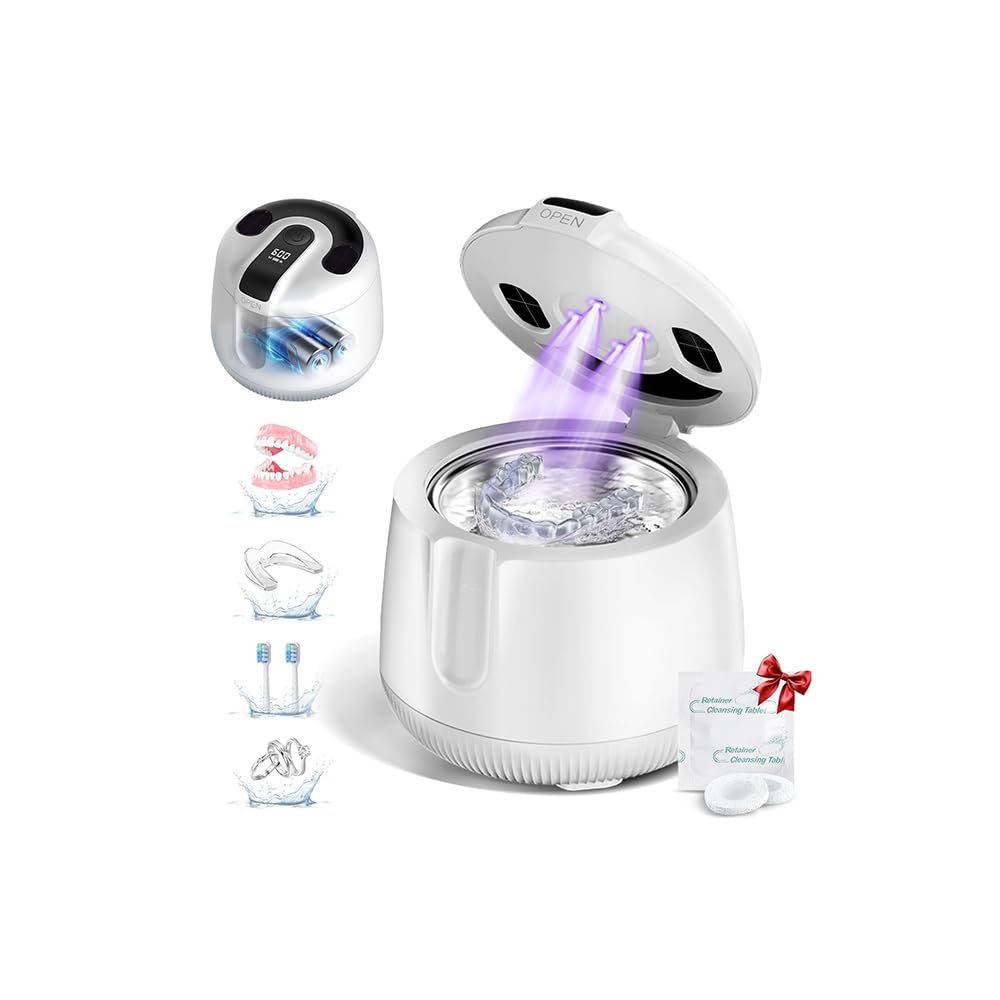 Ultrasonic Retainer Cleaner Machine Cordless 48kHz Dental Cleaning Pod with U-V Digital Timer 4 Modes 4000mAh Rechargeable for