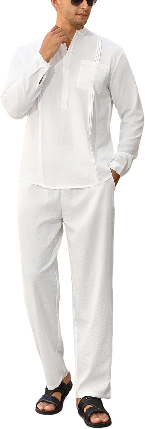 Men's 2 Piece Set Long Sleeve Casual Henley Shirts Loose Pants Set Lounge Vacation Outfits Summer Beach Set - Image 2