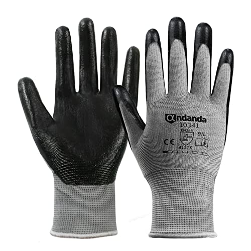 ANDANDA Work Gloves, Smart Touch, 3D Comfort Stretch Fit, Nitrile Coated Work Gloves with Grip, Seamless Knit Nylon Work Gloves Men Suitable for Warehousing, Logistics, Handling, Black（M）, 1 Pair