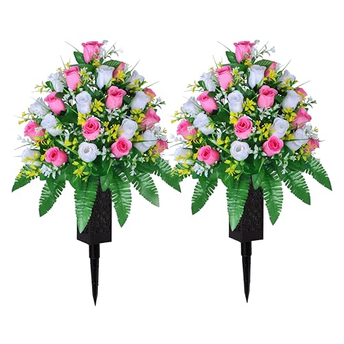 LVXINLI Artificial Cemetery Flowers, Gravesite Decoration Roses, Memorial Bouquets with Cemetery Vase, Vibrant and Long-Lasting Colors (Pink+White, 2 Bundles)