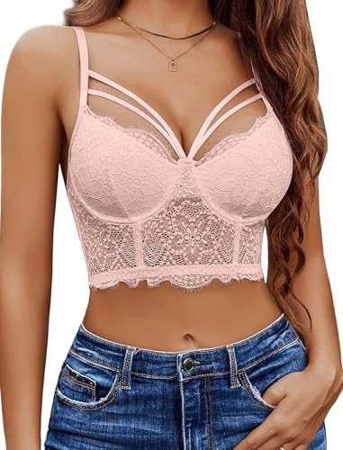 Image of Avidlove Lace Bralette for Women V Neck Camisoles Adjustable Strap Two Layer Crop Top Bustier Tops