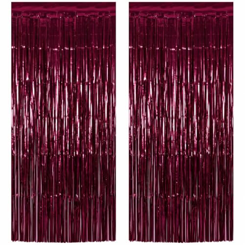 2Pack Burgundy Metallic Tinsel Foil Fringe Curtains, Burgundy Door Streamers Photo Booth Backdrop for Birthday Party, Tinsel Curtain Backdrop for Baby Shower Bachelorette Xmas Party Decorations