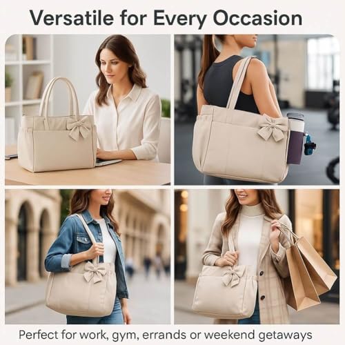 Crush Bow Tote Bag, 26L Puffy Quilted Shoulder Tote for Women, Fits 15.6" Laptop, Lightweight Foldable Work Travel Purse4
