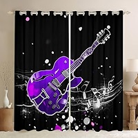 3D Electric Guitar & Music Notes Window Curtains - Teal, Velvet, Grommet Top, 52x84 Inch Per Panel (Set Of 2) - View #12