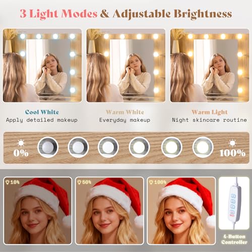 Image of AMERLIFE 47.2 inch Fluted Vanity Desk with Mirror and Adjustable LED Lights, Large 7 Drawers Makeup Table with Glass Top and Charging Station for Women and Girls, Bedroom or Dorm, Natural Oak