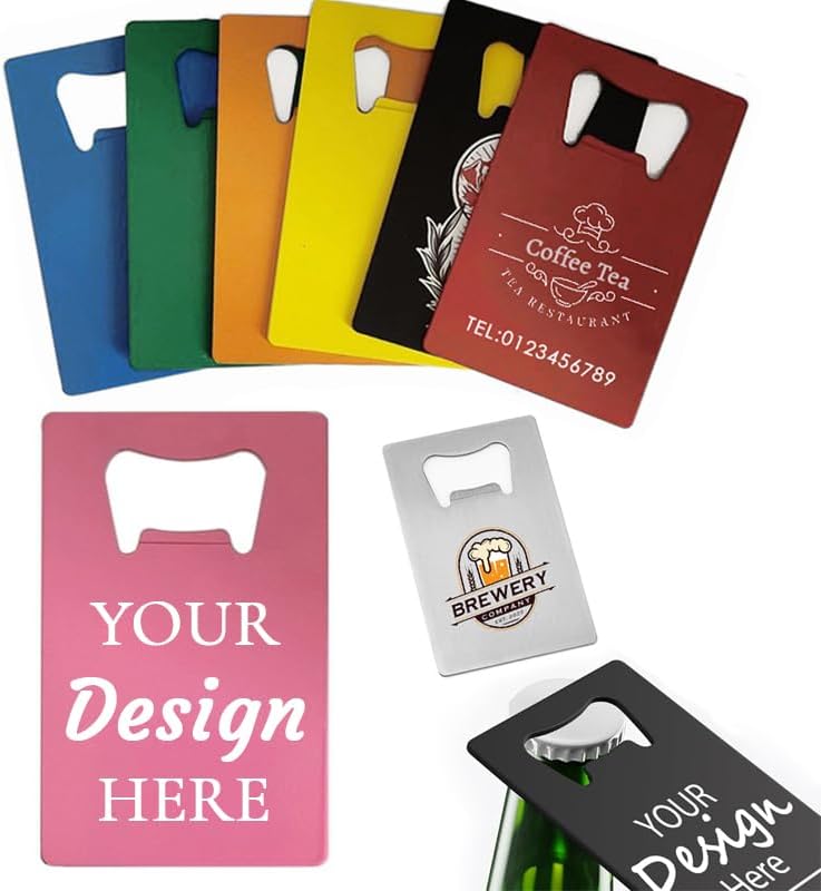 1-500PCS Custom Bottle Opener, Personalized Stainless Steel Credit Card Bottle Opener Bulk, Printed/Engraved Your LOGO & Text on Double-sided for Party, Bars, Restaurants, Wedding Favors (Pink)