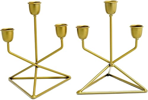 Miniatura 6 de Efavormart - Juego de 2 candelabros geométricos de metal dorado de 3 brazos con base triangular para fiestas de cumpleaños, eventos, 7 pulgadas