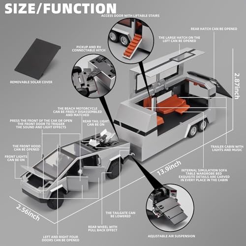 Image of Sky Tech Tesla Cyber Truck Pickup Trailer RV with Motorcycle 1:32 Model Car Alloy Metal Pull Back Die-cast Car Metal Toy car Openable Doors & Light Music Best Gifts Toys Kids【Colors as Per Stock】