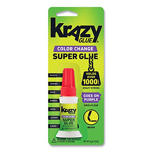 Krazy Glue Color Change Super Glue 5g Brush-On Applicator Goes On Purple & Dries Clear No-Clog Bottle Multi-Surface Strong Adhesive Bonds Plastic Wood Metal Ceramic Rubber Vinyl & Glass