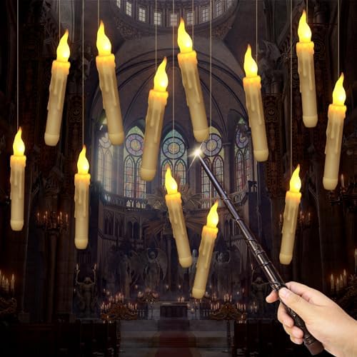 SUnion Pack of 12 Floating Candles with Magic Wand, Flameless LED