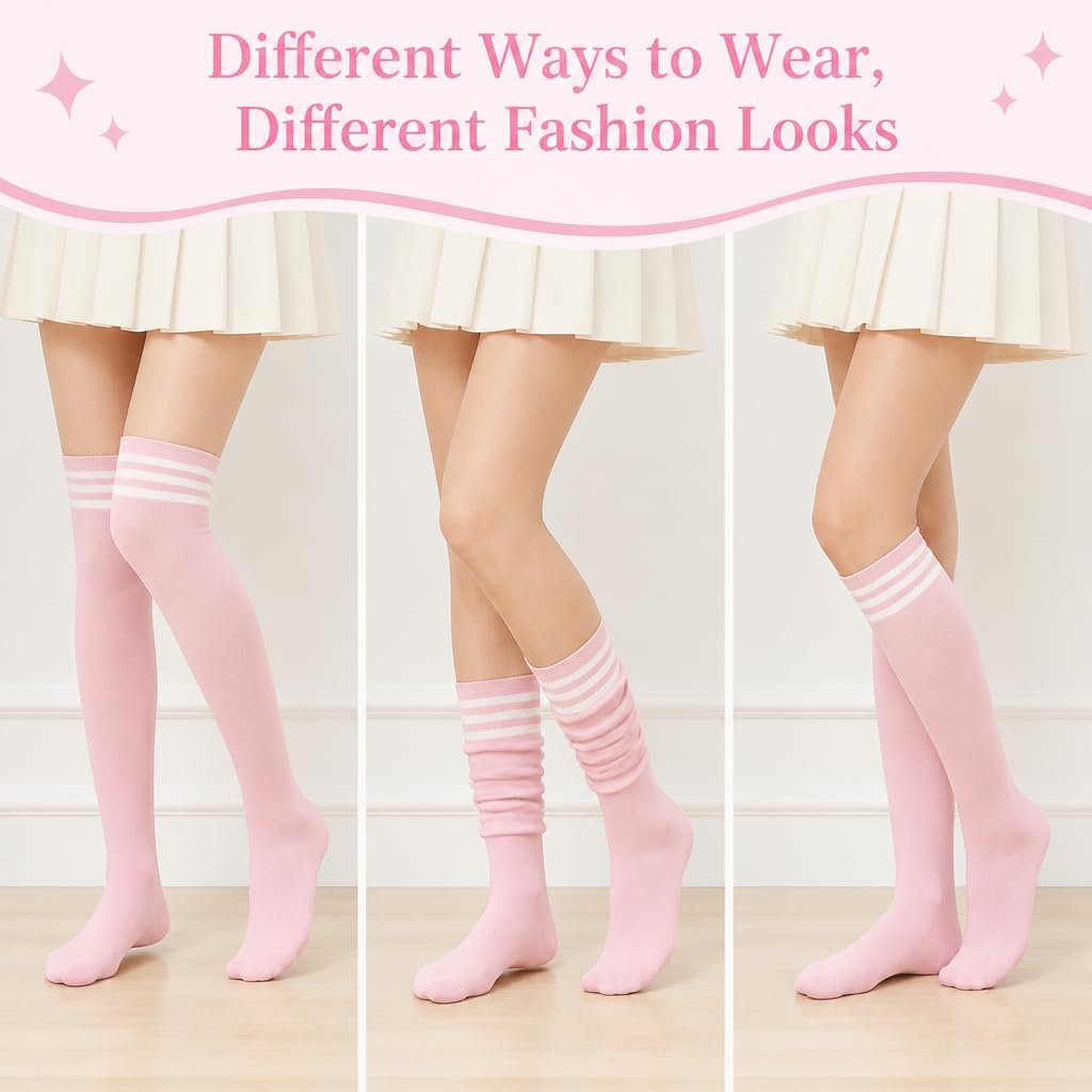 3 Pairs Knee High Socks, 25.2 Inch, Black, White, Pink