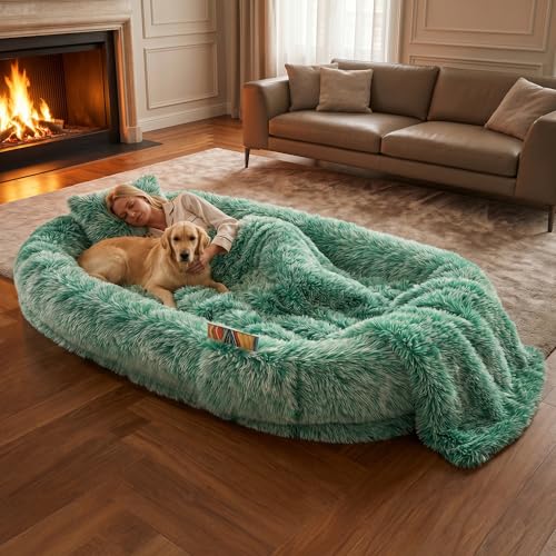 Human Dog Bed, Oversized Plush Lounger Bed with Plump Pillow and Blanket, 71" x 45" x 12" Long Plush Polyester Floor Nest for Relaxing, Napping, Reading, and Family Cuddle Time - Gradient Green
