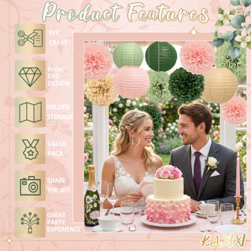 Image of KAXIXI 15-Piece Pink Sage Green Champagne Party Decorations, Paper Lanterns
