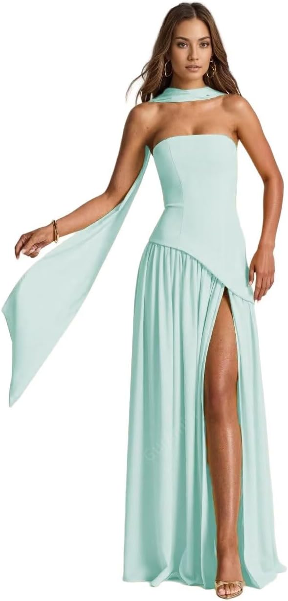 Bridesmaid Dress Long Chiffon With Scarf - A-Line Strapless Prom Dress  2025, Formal Evening Gown For Wedding & Party Chiffon Long Bridesmaid Dress