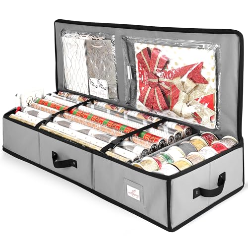 Image of Hearth & Harbor Wrapping Paper Storage Container - Christmas Storage Bag with Interior Pockets - Gift Wrap Organizer Fits Up to 22 Rolls of 40 inch - Tear Proof, Silver