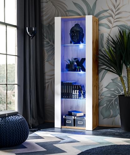 Komodee, Vitrine Schrank Tivoli, Weiß/Wotan, Breite 55cm x Höhe 159cm x Tiefe 35cm, LED Blau, 3...