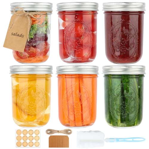 PINIWON Wide Mouth Mason Jars 16 oz with Airtight Lids and Bands, 6 Pack Canning Jars, Clear Glass Pint Jars for Canning, Fermenting, Pickling, Meal Prep, Overnight Oats