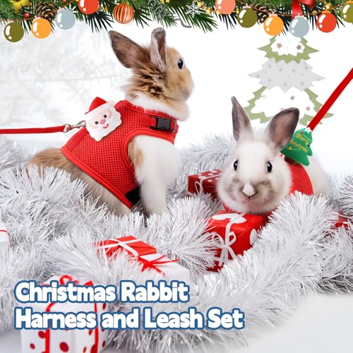 Image of Easter Bunny Costume Rabbit Harness and Leash Set with 2 Cute Decorations Bunny Clothes Adjustable Buckle Breathable Mesh Vest Harness for Rabbits Ferret Small Pig Puppy(Red,Tree)