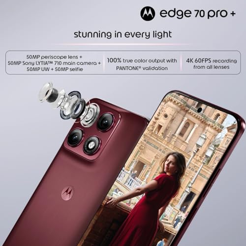 Image of Motorola Edge 70 Pro+ 5G (Satin-Luxe Pantone Zinfandel Maroon, 12GB RAM, 256GB Storage) | Dimensity 8500 Extreme Processor | 50MP + 50MP + 50MP Triple AI Camera |6.8 inch FHD+ pOLED Display|