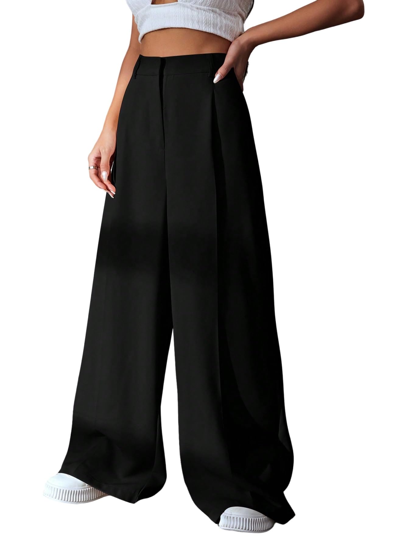 SweatyRocks Pantaloni in tessuto da donna, eleganti, a vita alta, con pieghe, stile Marlene, stile Old Money