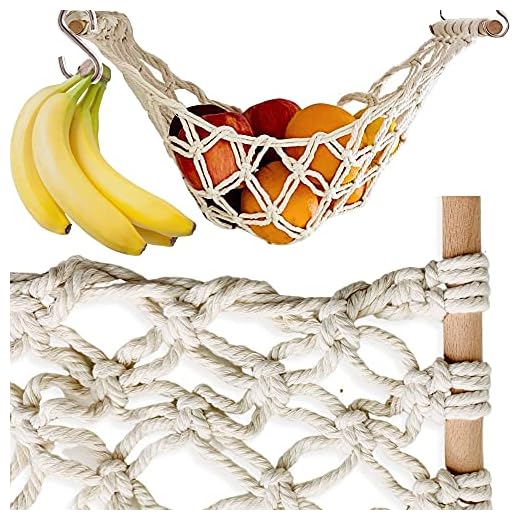 Fruit Hammock - Hanging Fruit Basket - Produce and Veggie Storage for Kitchen Under Cabinet - Banana Hook - Macrame Boho Modern (Natural)