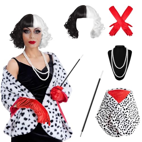 Disfraz Cruella Devil Mujer: 5 Piezas Set de Cruella De Vil Disfraz con Blanco y Negro Peluca Guantes Rojos Collar de Perlas Largas Soporte Negro y Blanco de Puntos Faux Stole para Halloween