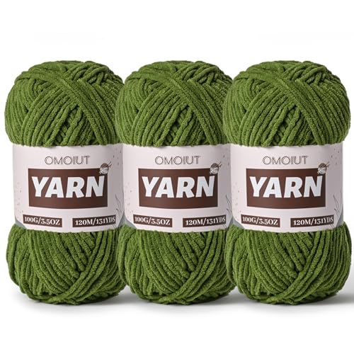 Image of 3 Packs Plush Chenille Chunky Crochet Yarn - Baby Yarn for Crocheting Soft - Velvet Yarns Knitting for Blankets Crafts - Fluffy Amigurumi Yarns 300g / 393yd (3 Pine Green)