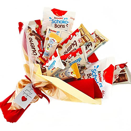 Onza Cadeau original de chocolat Kinder Bueno. Bouquet bonbon sucré rempli d'un assortiment de chocolats Kinder. Idéal pour une personne spéciale. Pack Kinder, Chocobons, Happy Hippo, Delice.