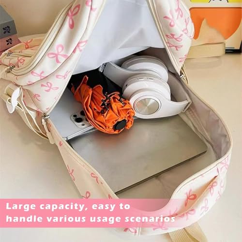 3pcs Set Bow Backpack for Girls, Nylon Coquette Backpack with Bow Pattern, Cute Comfy, for Everyday Travel, College (Black Red)3