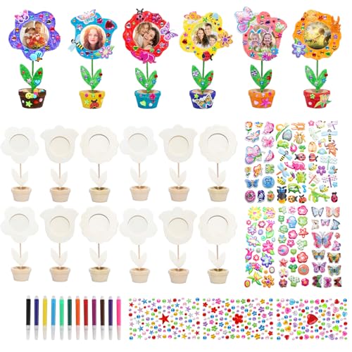 DMSESRLS 12 Stück Holzblumen zum Bemalen, 3D Blumen Bastelset Kindergeburtstag mit DIY Blume holzbilderrahmen, Bunter Pinsel, Glitzersticker, Holzblumen für Basteln und Bemalen