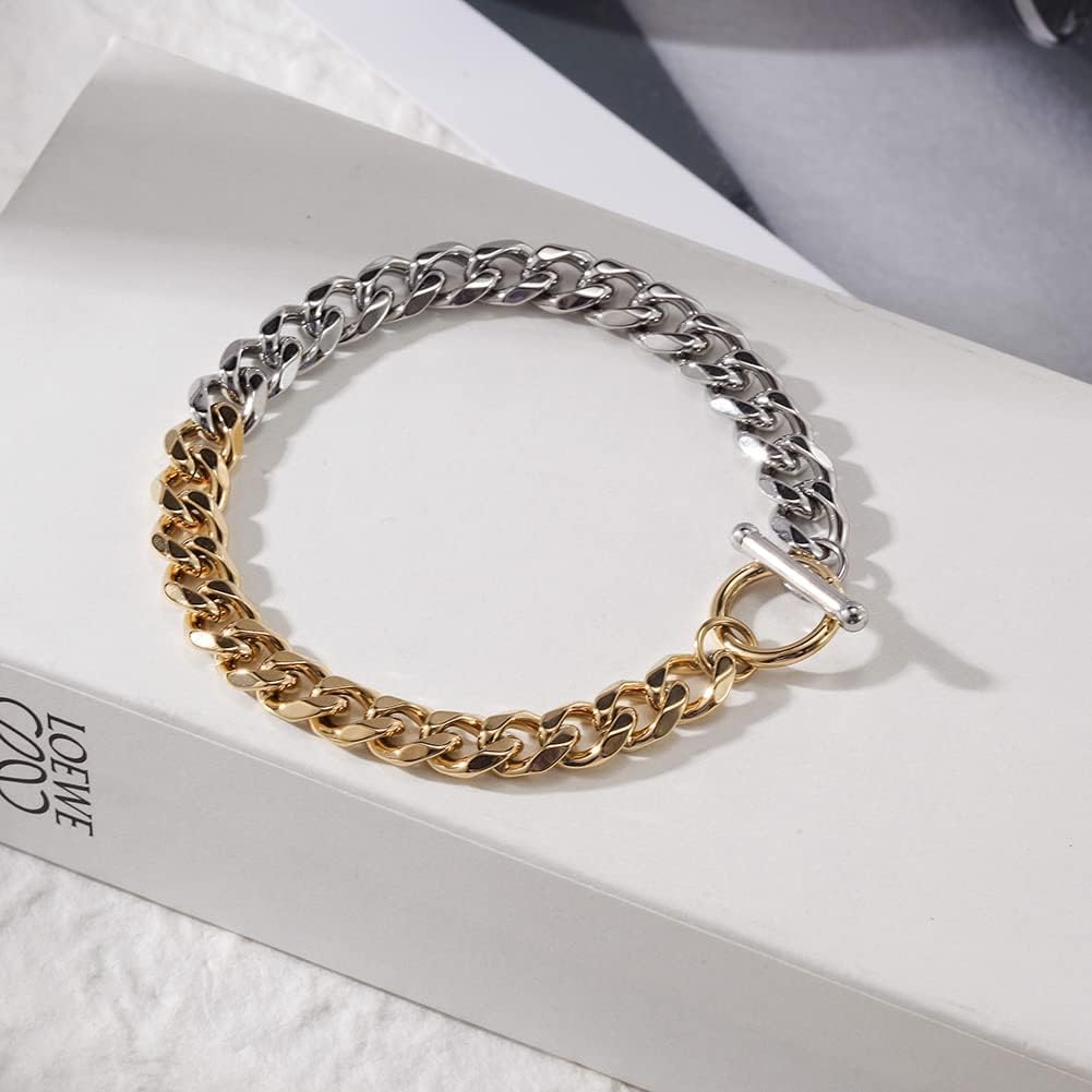 Two Tone Chunky Bracelets for Women, 7.5" Gold Plated Stainless Steel Miami Cuban Link Bracelet with Toggle Clasp, Men's Fashion Jewelry