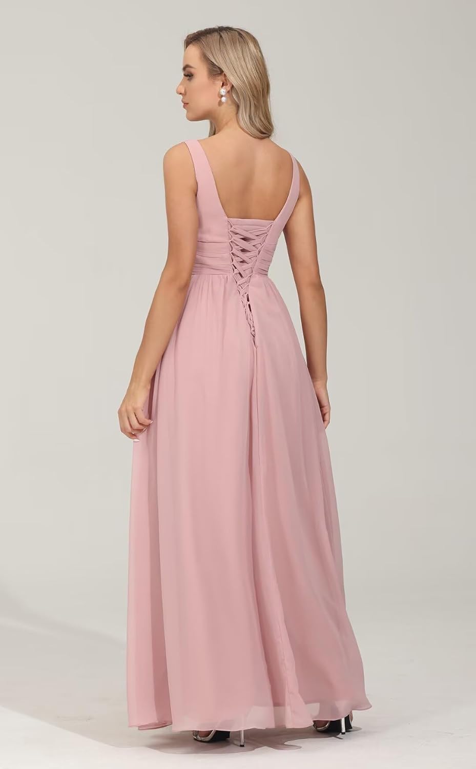 V Neck Bridesmaid Dresses Chiffon Long Wedding Guest Dresses A Line Formal Evening Dress with Slit,R53