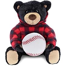 DolliBu Black Bear with Baseball Plush with Red Plaid Hoodie Soft Huggable Bear, Playtime Teddy Bear Plush Toy, Baseball Plush Stuffed Animal Toy for Kids and Adults - 10 Inch