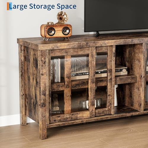 Image of 65 Inch TV Stand for Televisions Up to 70 Inches, Modern Entertainment Center with Storage, 4 Sliding Glass Doors, Mid-Century Style Media Console for Living Room,Retro Brown