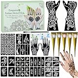 Temporary Stencils Tattoos Kit, 5 Pcs Tattoo Cones 3 Color (2 Black 2Brown 1 Cherry Red) with Brush Tool,DIY Body Art Skin Painting Designs for Women Men Kids Party Gifts