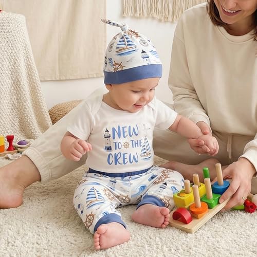 Image of SAYOO Newborn Baby Boy Clothes New To The Crew Embroidered Romper Waffle Solid Pants with Hat Coming Home Hospital Outfits
