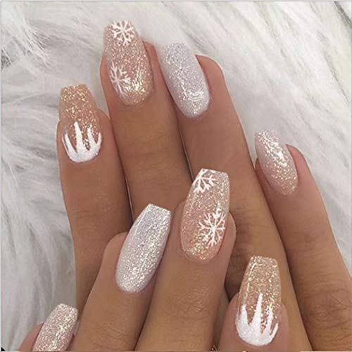 Boaccy Glossy Snow Fake Nails Long Press on Nails White Shimmering Coffin False Nails Full Cover Bling Nails for Women Girls
