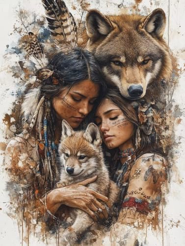 DIY Peinture Diamant Adulte Cadeau Femme Original, Motif Loup et Indien Spirituel