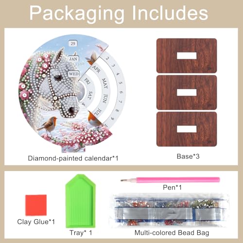 Image of AiYuanzsh Diamond Painting Tabletop Perpetual Calendar, 3D DIY Wooden Desk Ornament with White Horse Design, Sparkling Diamond Art Kit for Desktop Decoration